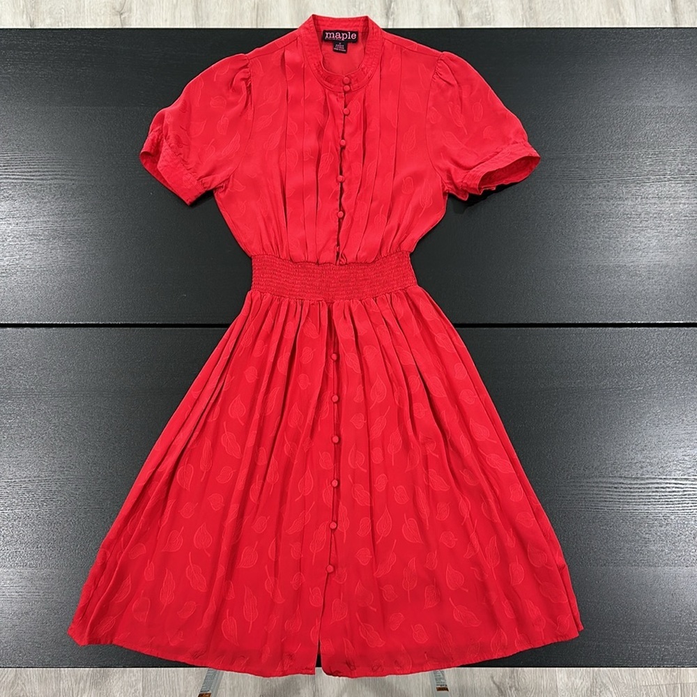 Anthropologie Maple 100% Silk Vintage Style Crimson Red Leaf Print Dress - 2 - Picture 3 of 9
